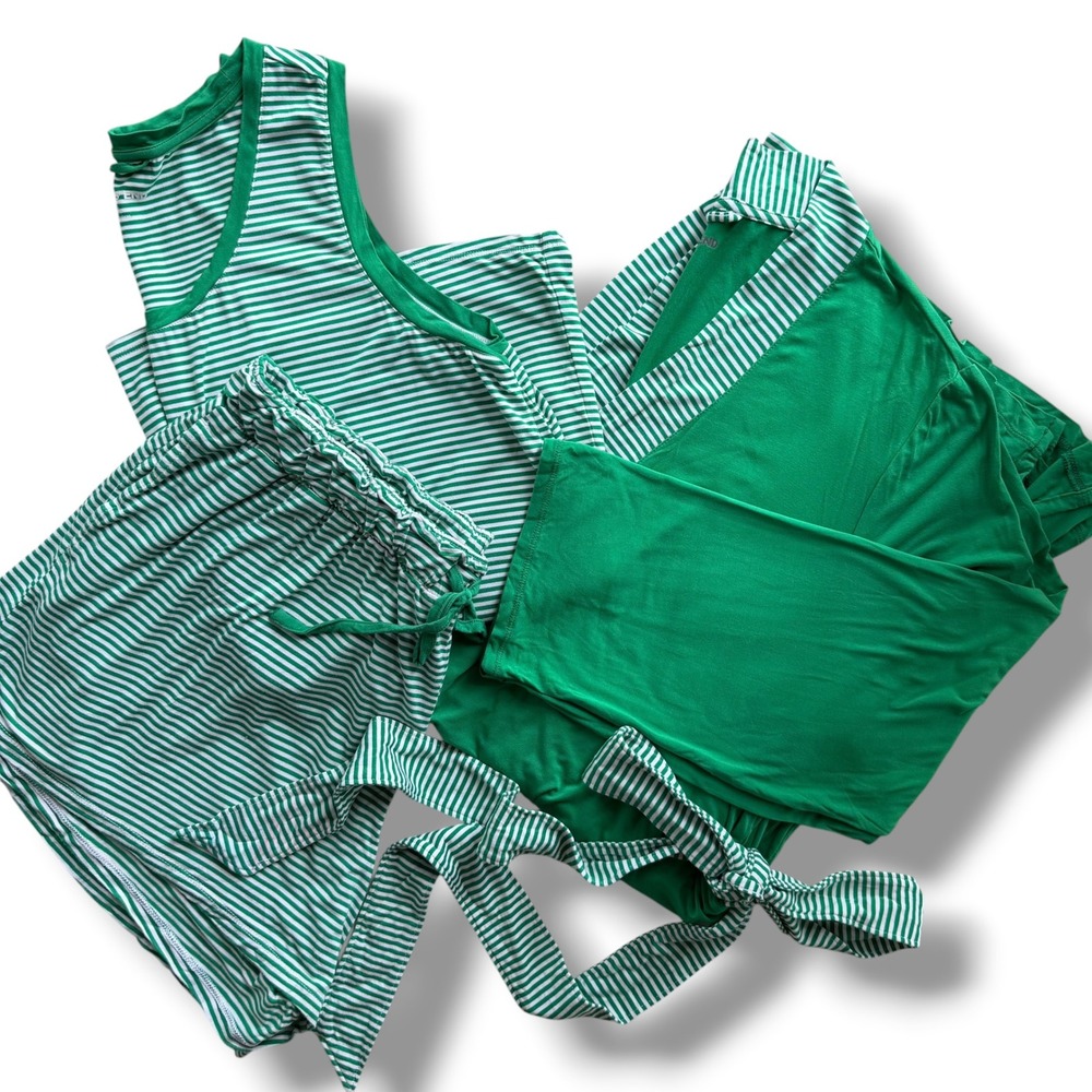 Lands' End Womens L Green Wt Striped Cooling 3 Piece Pajama Set Robe Tank Shorts
